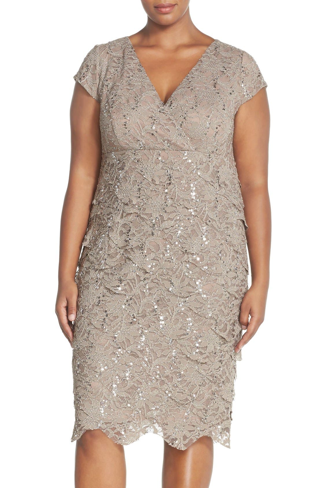 Alex Evenings Cap Sleeve Sequin Lace Tiered Sheath Dress (Plus Size