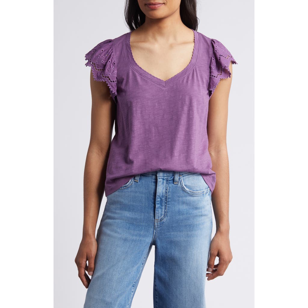 Wit & Wisdom Eyelet Flutter Sleeve Jersey T-shirt In Sunset Purple