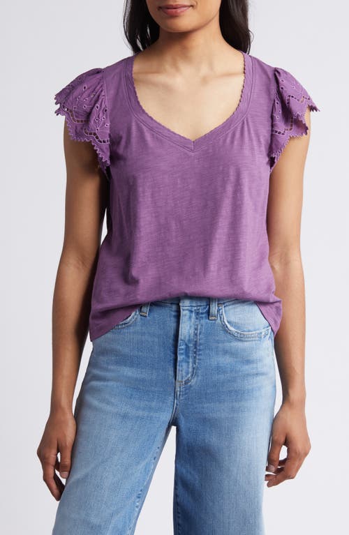 Eyelet Flutter Sleeve Jersey T-Shirt in Sunset Purple