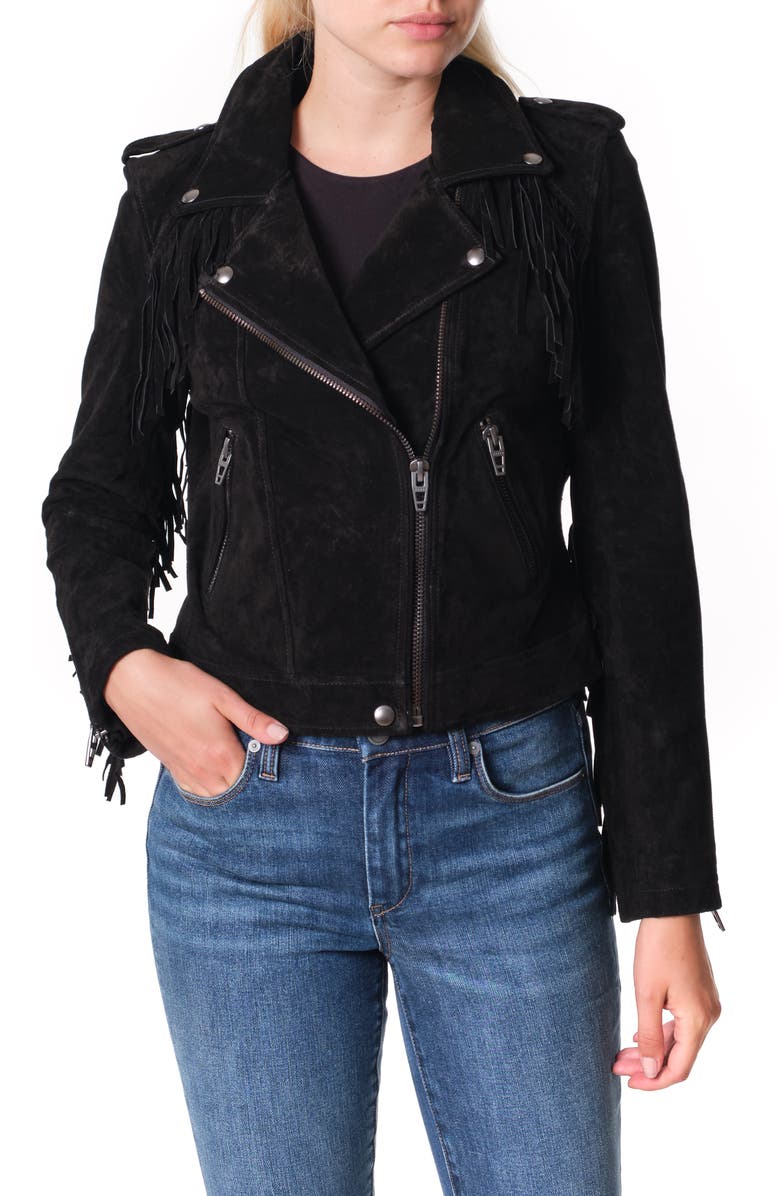 BLANKNYC Fringe Trim Suede Moto Jacket, Main, color, BLACK