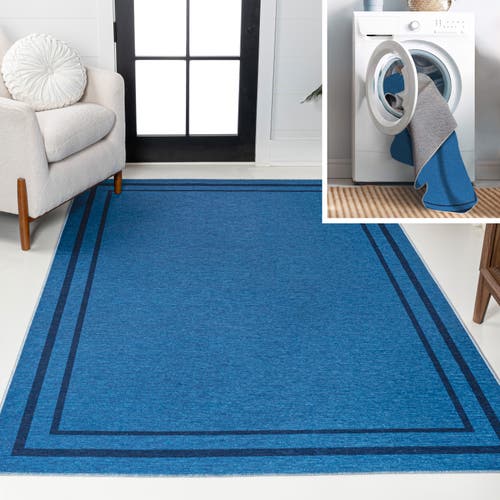 Shop Jonathan Y Sloane Classic 2-stripe Border Washable Area Rug In Blue/navy