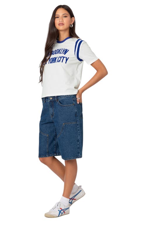 Shop Edikted Jacqui Low Rise Denim Bermuda Shorts In Blue-washed