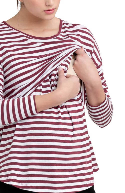 Shop Ripe Maternity Lionel Stripe Long Sleeve Maternity/nursing T-shirt In Maroon/white