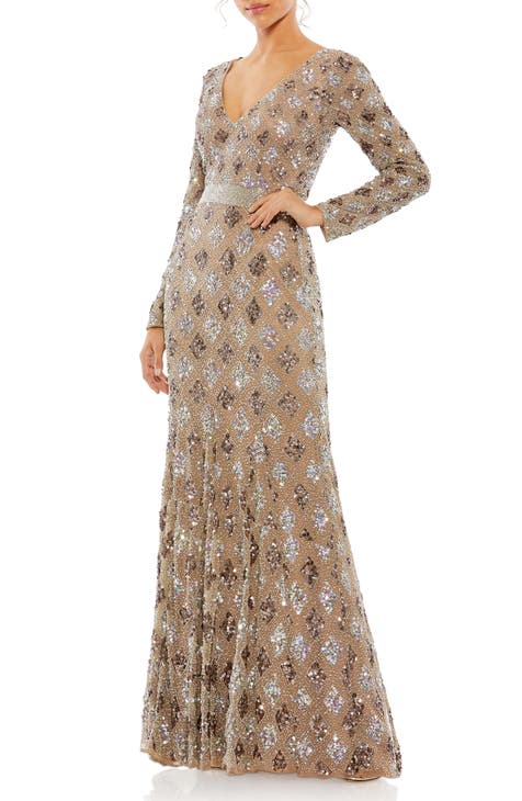 Long Sleeve Sequin Trumpet Gown
