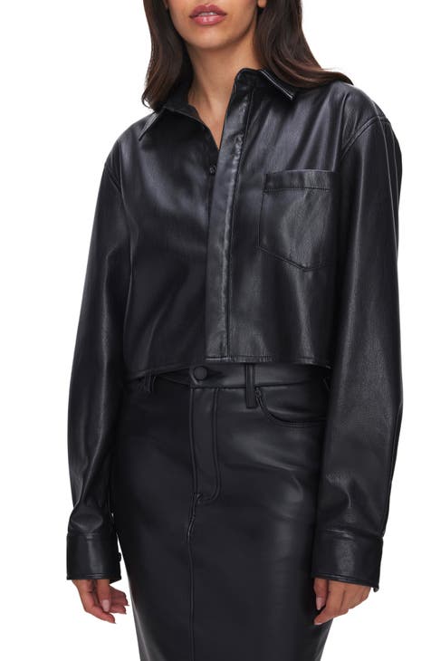 Faux Leather Crop Button-Up Shirt (Regular & Plus)