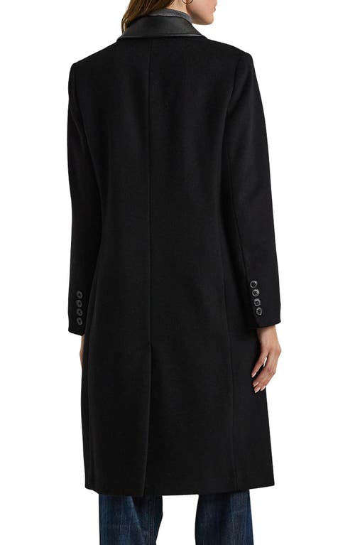 Shop Lauren Ralph Lauren Faux Leather Trim Double Breasted Wool Blend Reefer Coat In Black