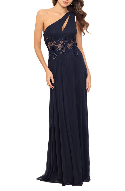 Betsy & Adam Bead Appliqué One-Shoulder Mesh Gown in Navy/Navy/Gold at Nordstrom, Size 12