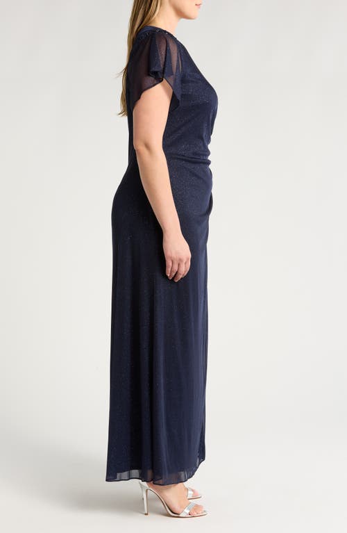 Sl Fashions Plus Size Flutter-sleeve Side-ruched Glitter Gown In Navy