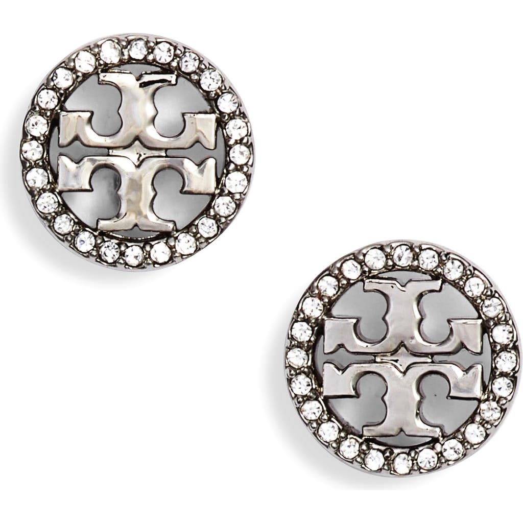 Tory Burch Crystal Logo Circle Stud Earrings In Metallic