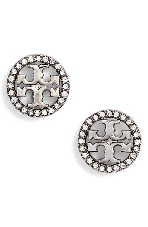 Tory Burch Crystal Logo Circle Stud Earrings In Tory Silver/crystal