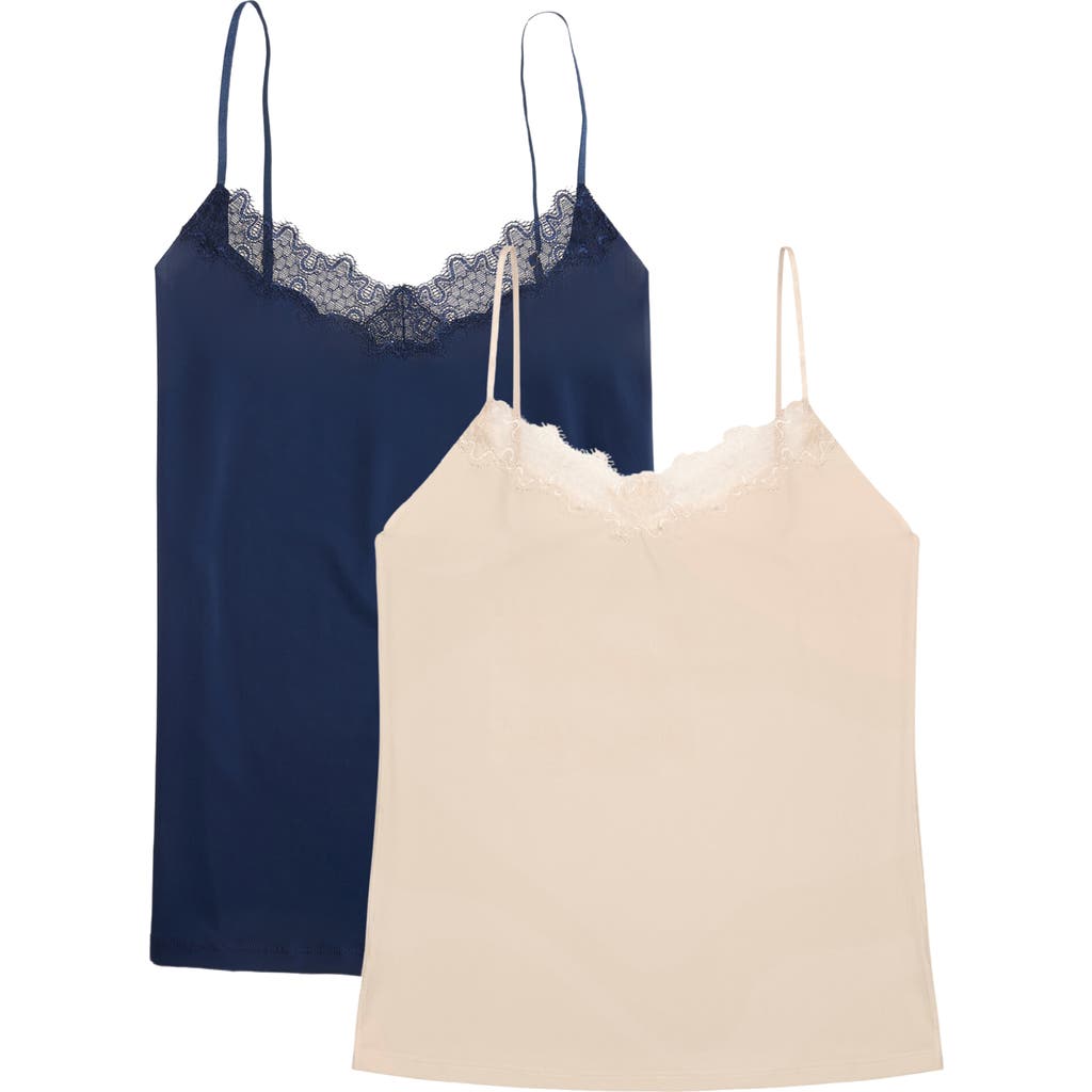 Uwila Warrior Happy Seams 2-pack Lace Trim Camisoles In Dress Blue/ Smoke Grey