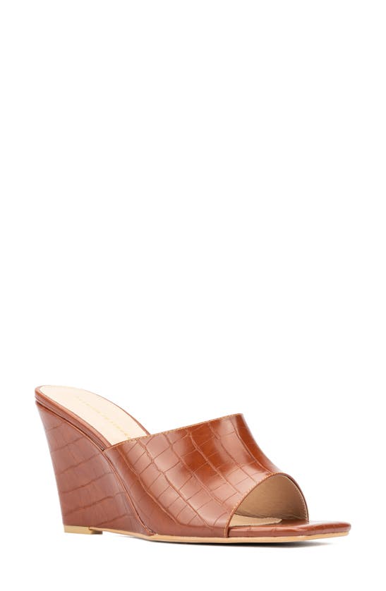 Fashion To Figure Raina Croc Embossed Wedge Sandal In Cognac