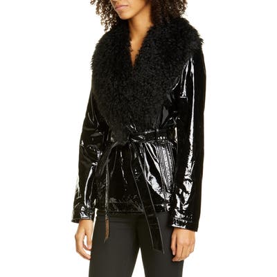 Saks Potts Belted Patent Genuine Shearling Jacket, 0 (fits like 00-2 US) - Black