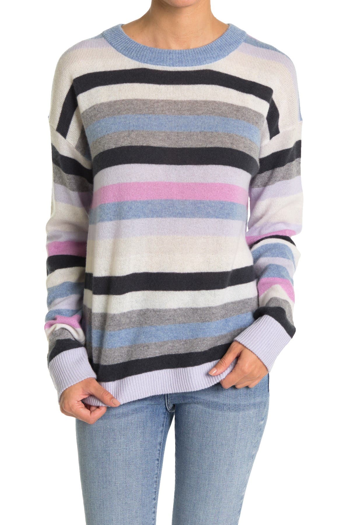 525 America Cashmere Multi Stripe Print Crew Neck Sweater In Lilac Mult