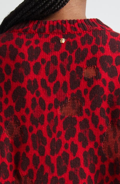 Shop Versace Leopard Jacquard Distressed Virgin Wool Blend Sweater In Lipstick Red