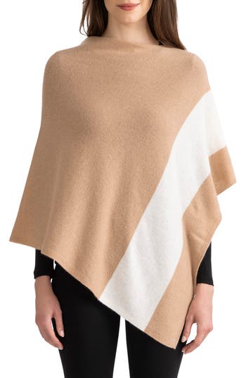 Shop Sofia Cashmere Striped Cashmere Poncho In Camel/ivory