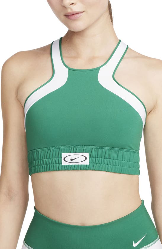 Shop Nike Dri-fit High Neck Sports Bra In Malachite/ White/ White