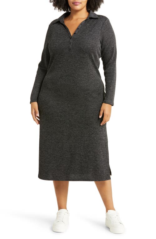 caslon(r) Long Sleeve Rib Henley Maxi Dress in Grey Charcoal