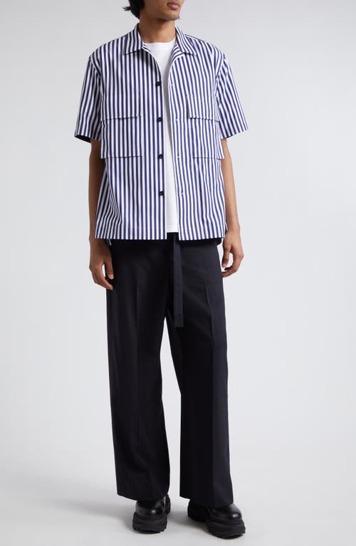 Sacai Thomas Mason Stripe Poplin Camp Shirt Navy at Nordstrom,