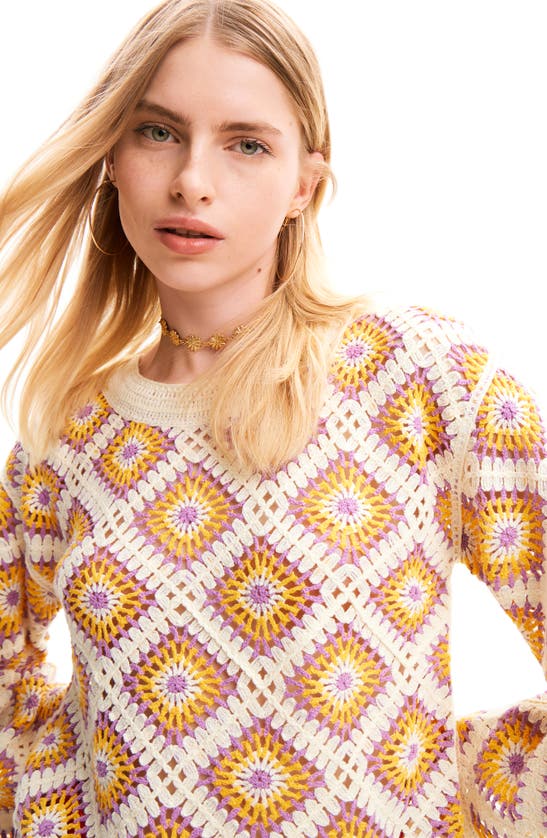 Shop Desigual Multicolor Crochet Pullover In White