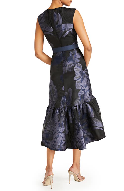 Shop Kay Unger Beatrix Belted Floral High-low Cocktail Dress In Black/dark Midnight