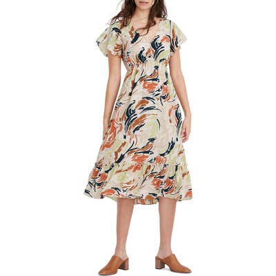 Madewell Flutter Sleeve Ruffle Waist Midi Dress, Ivory