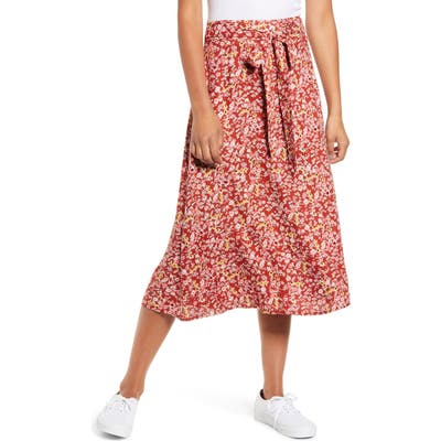 Love, Fire Tie Waist Floral Print Midi Skirt, Burgundy