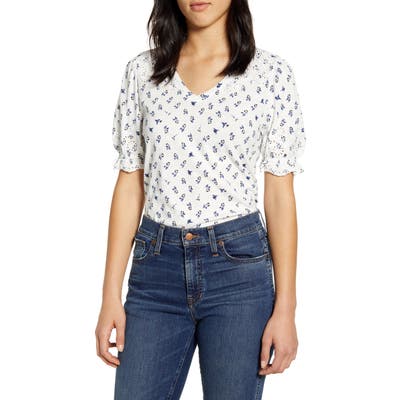 Lucky Brand Embroidered Floral Puff Sleeve Cotton Top, White