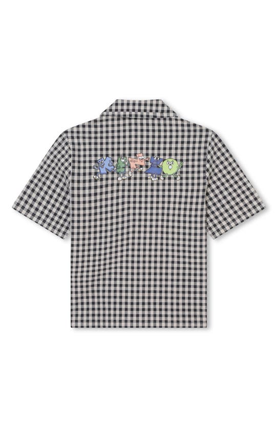 Shop Kenzo Kids' Gingham Short Sleeve Graphic Button-up Shirt In Ecru Grey