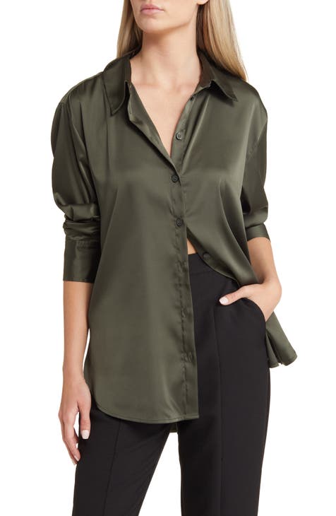 Women Satin Shirt Faux Silk Blouse Long Sleeve Button Down Office