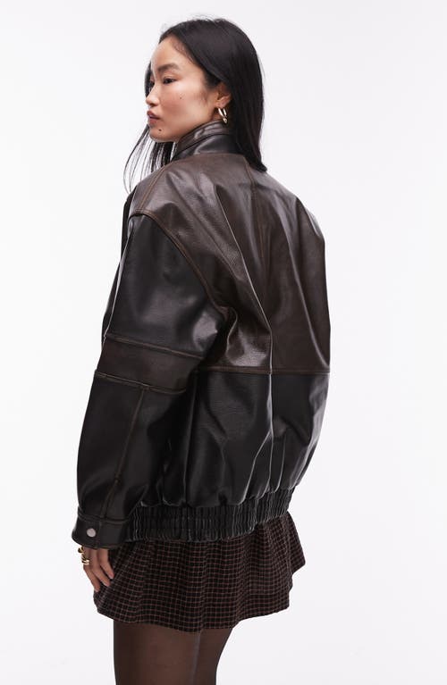 Shop Topshop Oversize Faux Leather Bomber Jacket In Dark Brown Multi