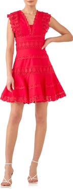 Endless Rose Plunge Neck Tiered Lace Linen & Cotton Dress