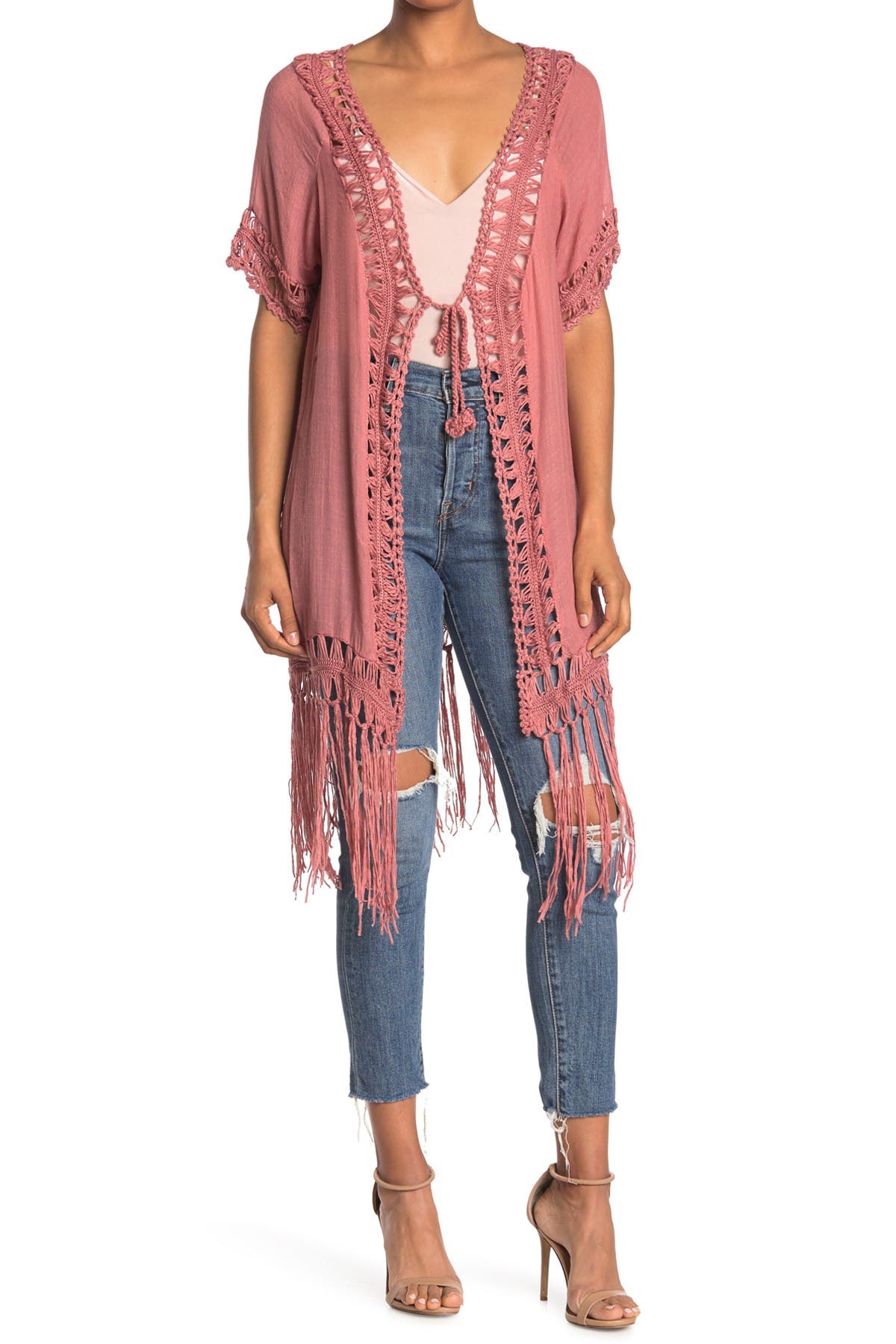 Forgotten Grace Mixed Media Fringe Trim Kimono In Pink