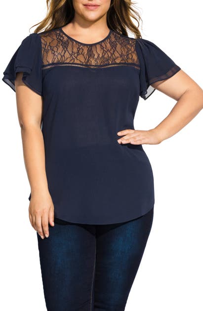 City Chic Lace Inset Flutter Sleeve Top In Navy | ModeSens