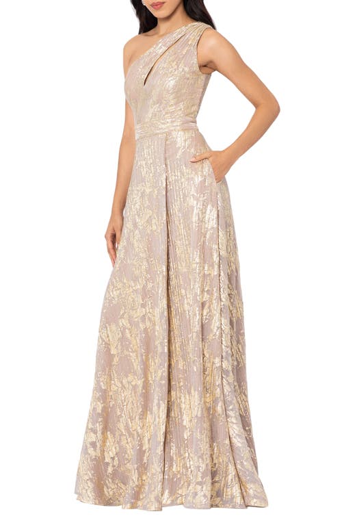 Shop Betsy & Adam Metallic Floral One-shoulder Sheath Gown In White/pink/gold