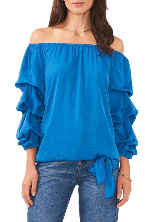 Blue-Printed Printed Off Shoulder Top X34116