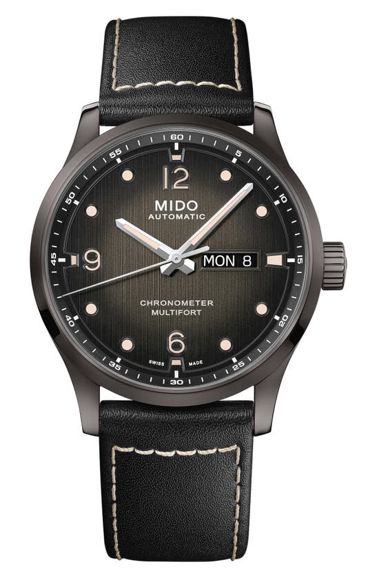 Shop Mido Multifort Automatic Leather Strap Watch, 42mm In Black / Grey