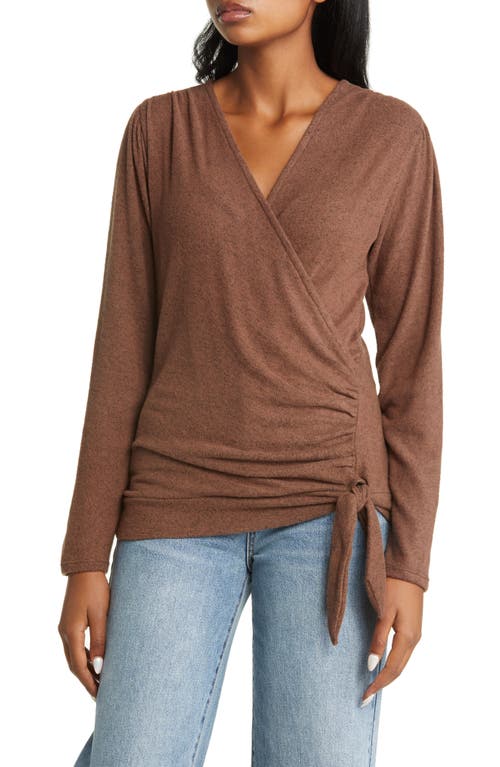 Loveappella Long Sleeve Faux Wrap Top in Chocolate
