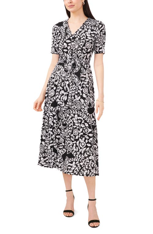 Chaus Floral Belted V-neck Midi Dress In Black/white