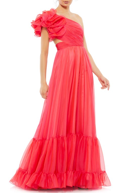 Mac Duggal Ruffled One-Shoulder Lace-Up A-Line Gown Hot Pink at Nordstrom,