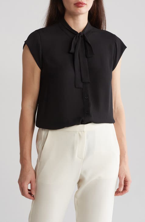 Donna White Cropped Sleeveless Buttondown with Ribbon Tie