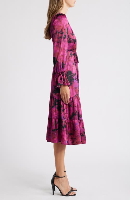 Shop Julia Jordan Abstract Print Tiered Long Sleeve Midi Dress In Purple Pink Multi