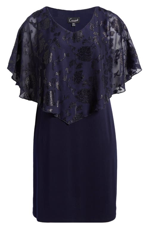 Shop Connected Apparel Floral Jacquard Cape Overlay Cocktail Dress In Midnight