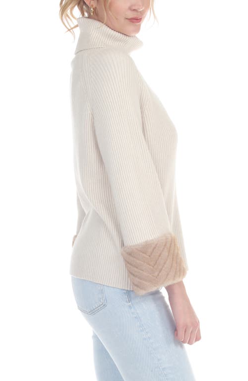 Rain And Rose Faux Fur Cuff Turtleneck Sweater In Cream