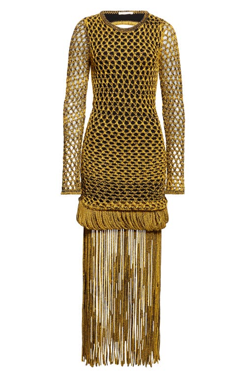 Shop Diotima Medusa Long Sleeve Loop & Fringe Crochet Sweater Dress In Black-yellow