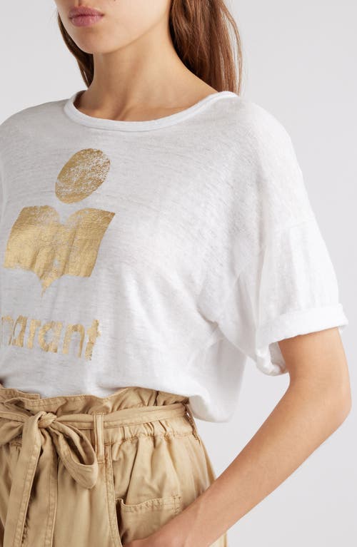 Shop Isabel Marant Étoile Zewel Metallic Logo Slub Linen Graphic T-shirt In White/light Gold