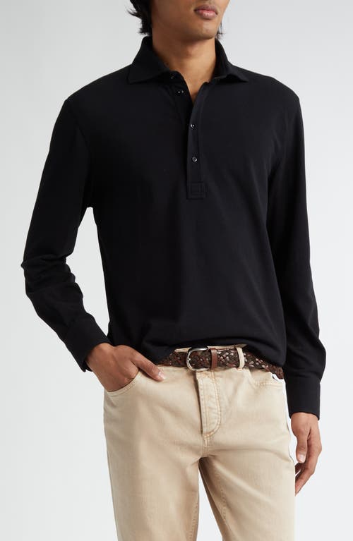 Brunello Cucinelli Long Sleeve Cotton Piqué Polo Nero at Nordstrom,