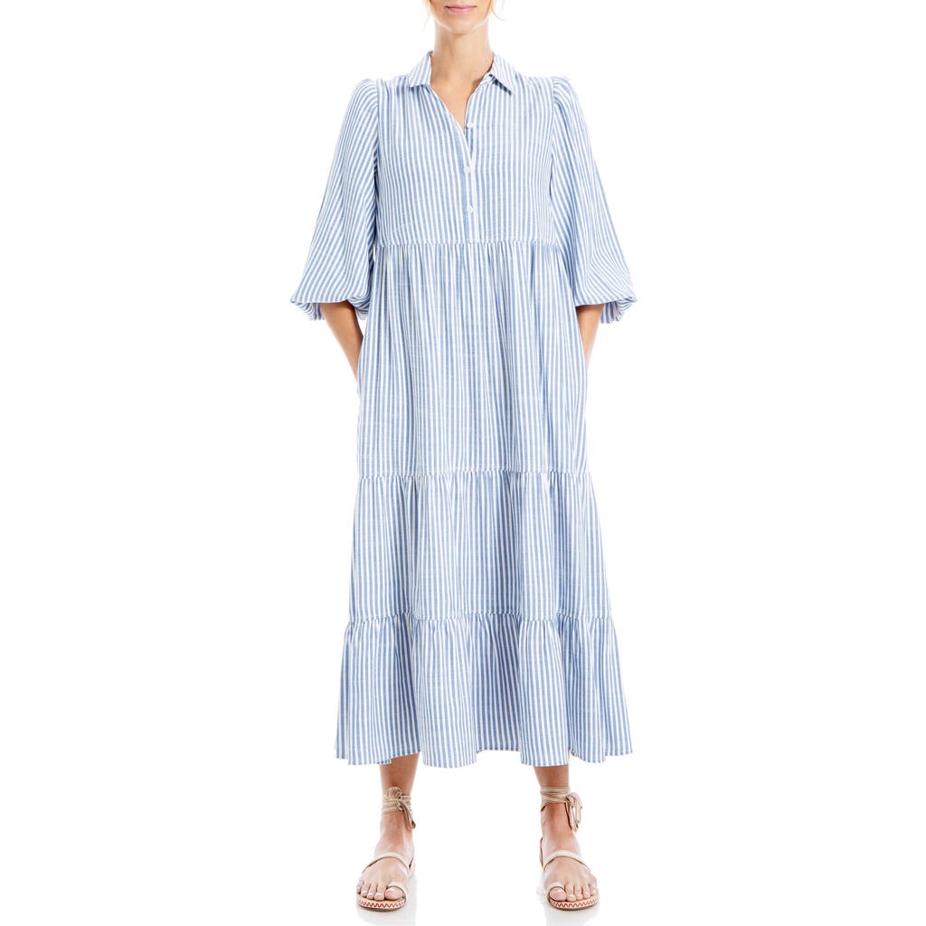 Max Studio Stripe Tiered Maxi Shirtdress In Denim/stripe