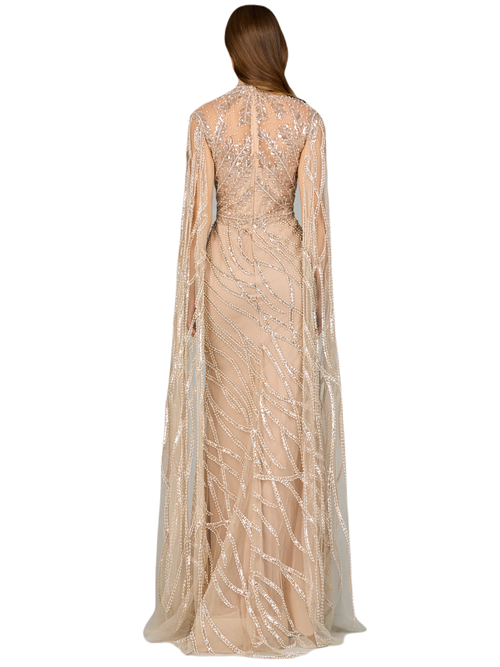 Lara New York High Neck Gown With Long Cape Sleeves In Nude