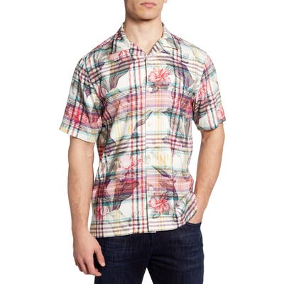 Tommy Bahama Continental Floral Plaid Short Sleeve Button-Up Silk Camp Shirt, White